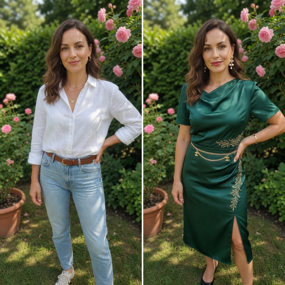 AI virtual try-on: casual to emerald dress transformation