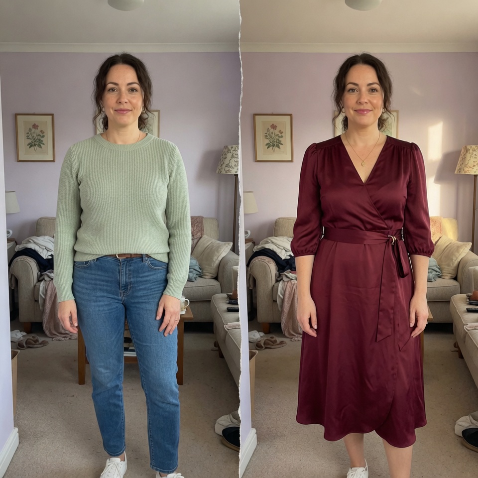 AI virtual try-on: sweater to burgundy wrap dress