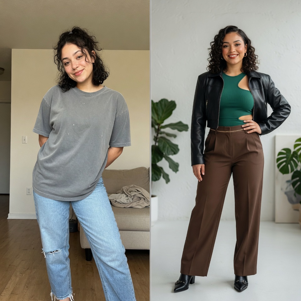 AI virtual try-on: casual to leather jacket and trousers