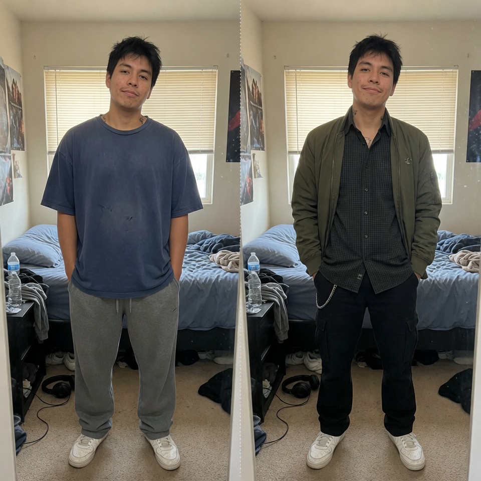 AI virtual try-on: casual to bomber jacket outfit