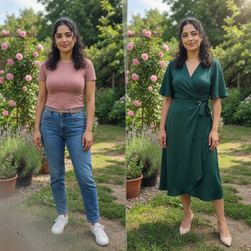 AI virtual try-on: casual to green wrap dress