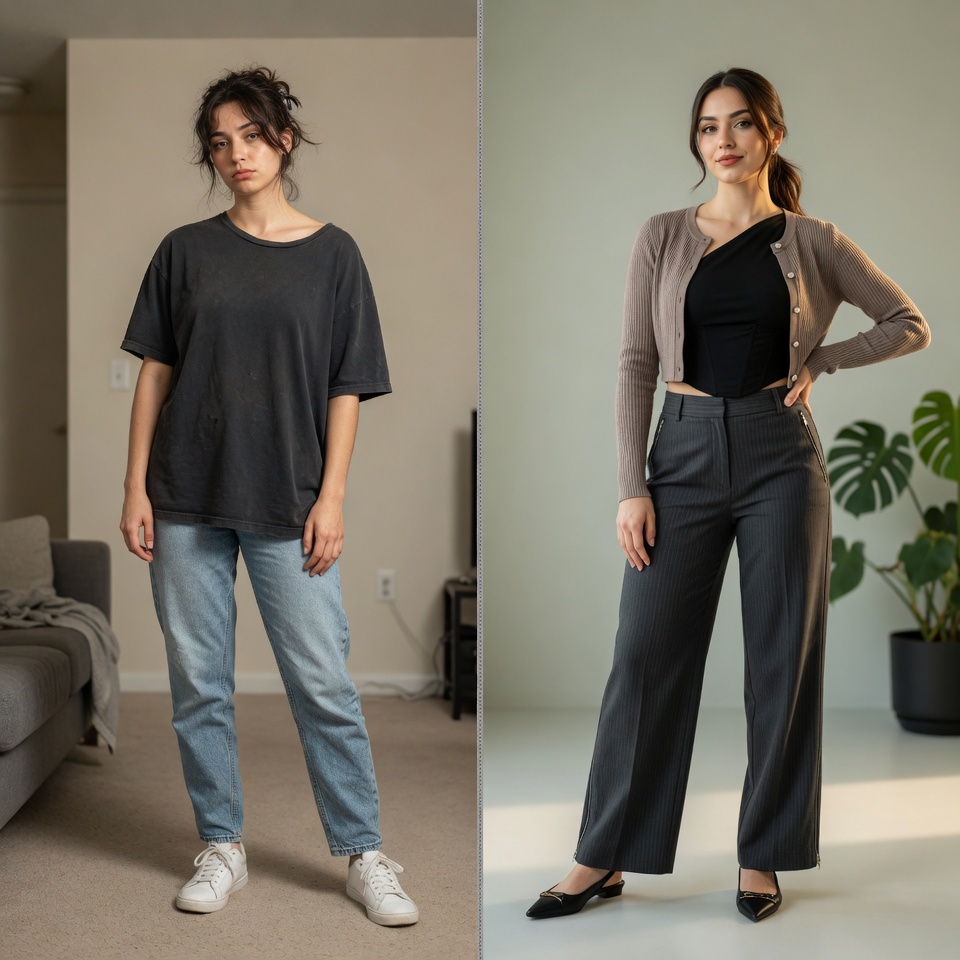 AI virtual try-on: casual to cardigan and wide-leg pants
