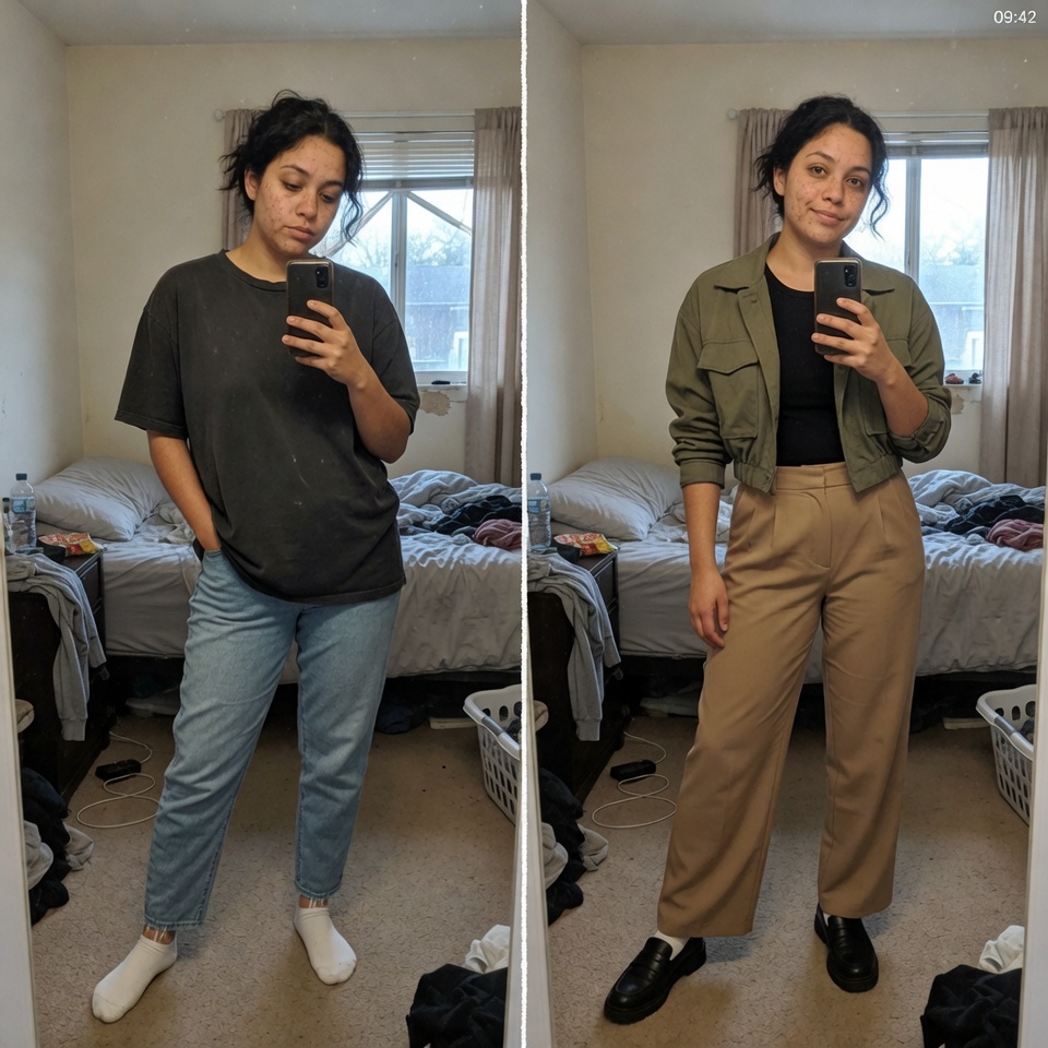 AI virtual try-on: casual to military jacket and khakis
